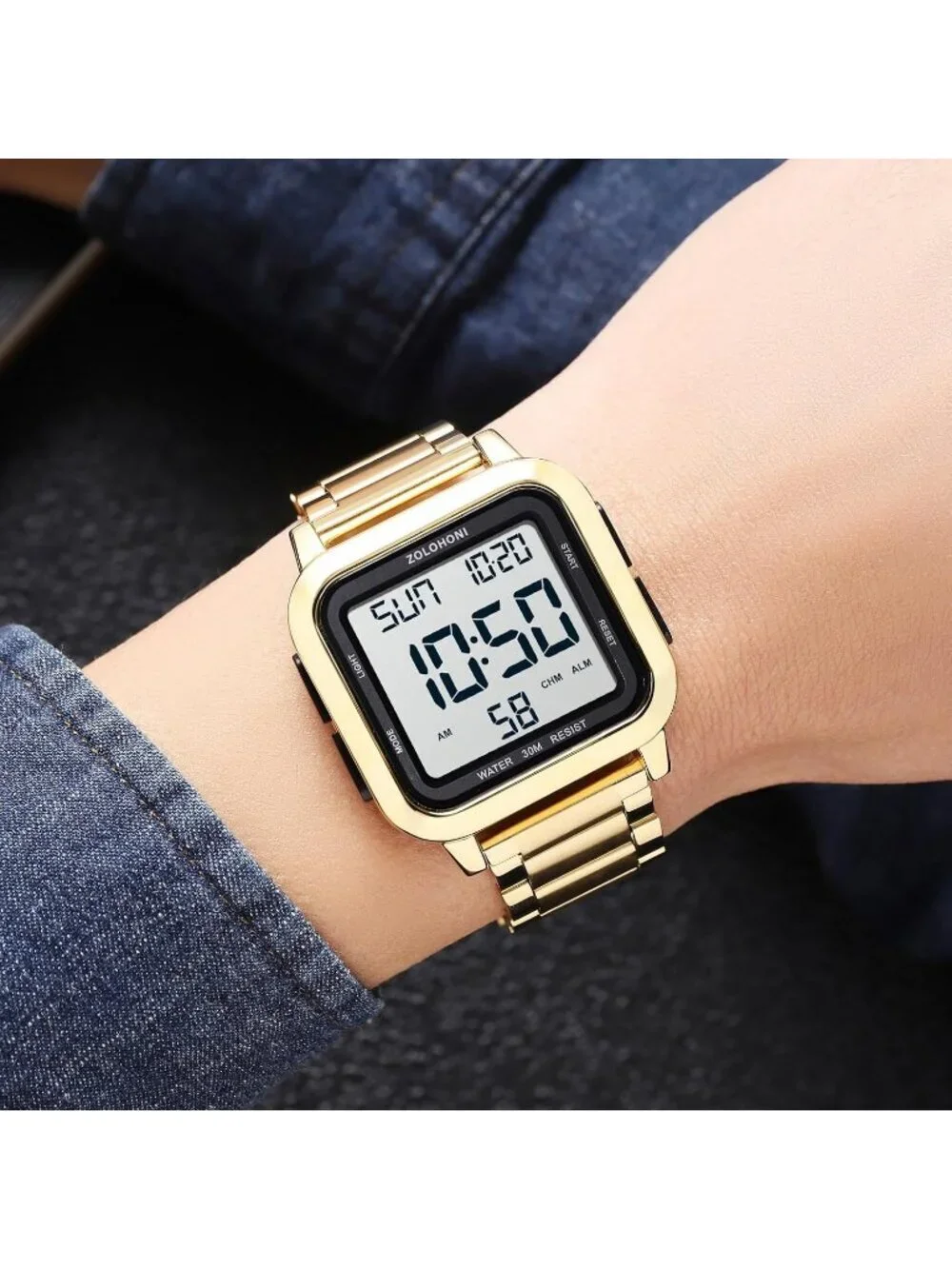 Men's Gold Analog Quartz Stainless Steel Waterproof Square LED Digital Watch
